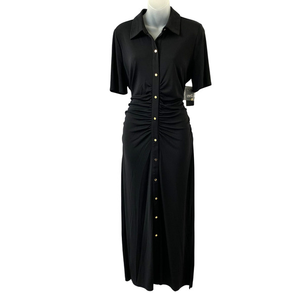 INC International‎ Concepts Maxi Shirt Dress Women L Black Ruched Stretch Knit - Picture 1 of 10
